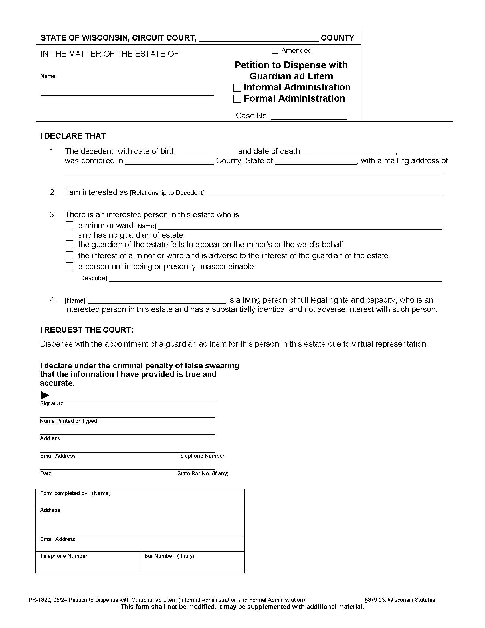 Petition To Dispense With Guardian Ad Litem (Formal And Informal Administration) {PR-1820} | Pdf Fpdf Docx | Wisconsin