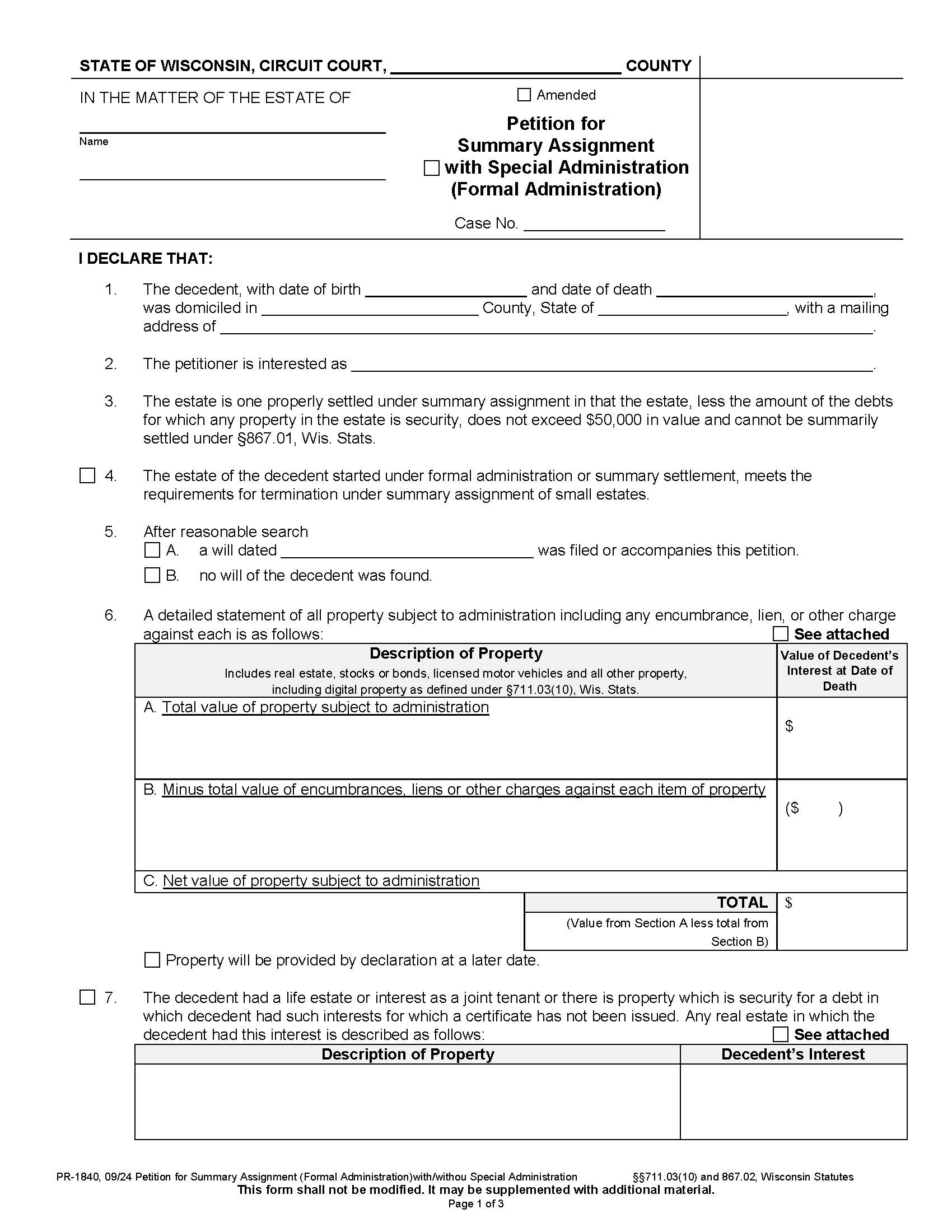 Petition for Summary Assignment (Formal Administration) {PR-1840} | Pdf Fpdf Docx | Wisconsin