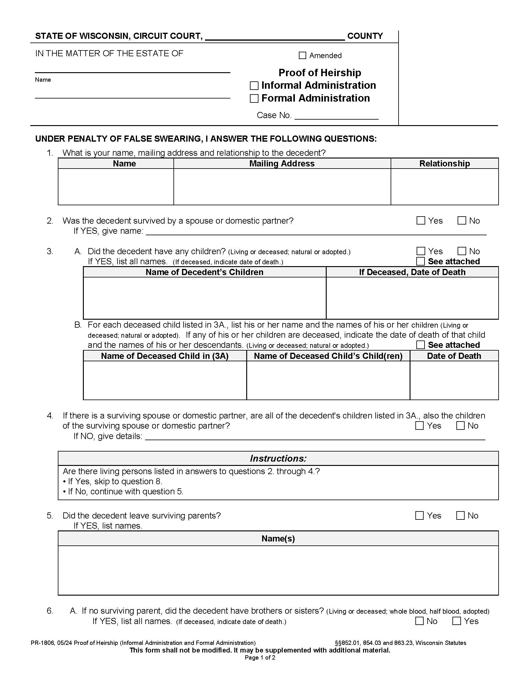 Proof Of Heirship (Informal And Formal Administration) {PR-1806} | Pdf Fpdf Docx | Wisconsin
