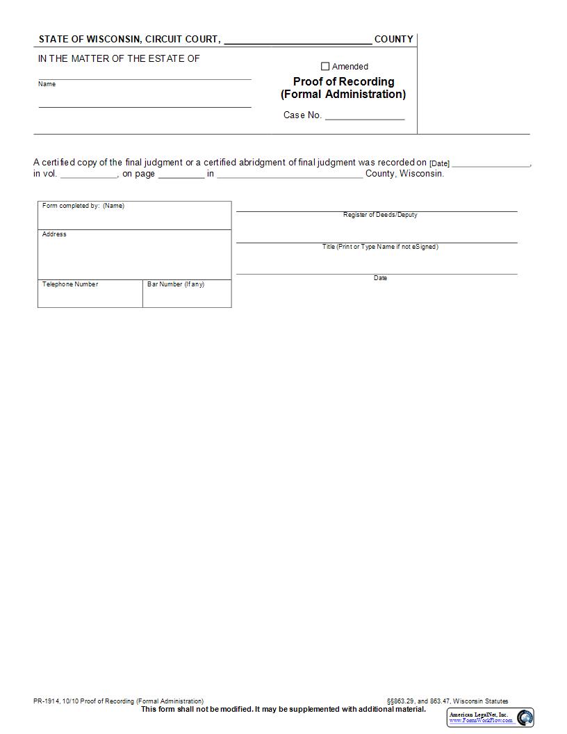Proof Of Recording (Formal Administration) {PR-1914} | Pdf Fpdf Docx | Wisconsin