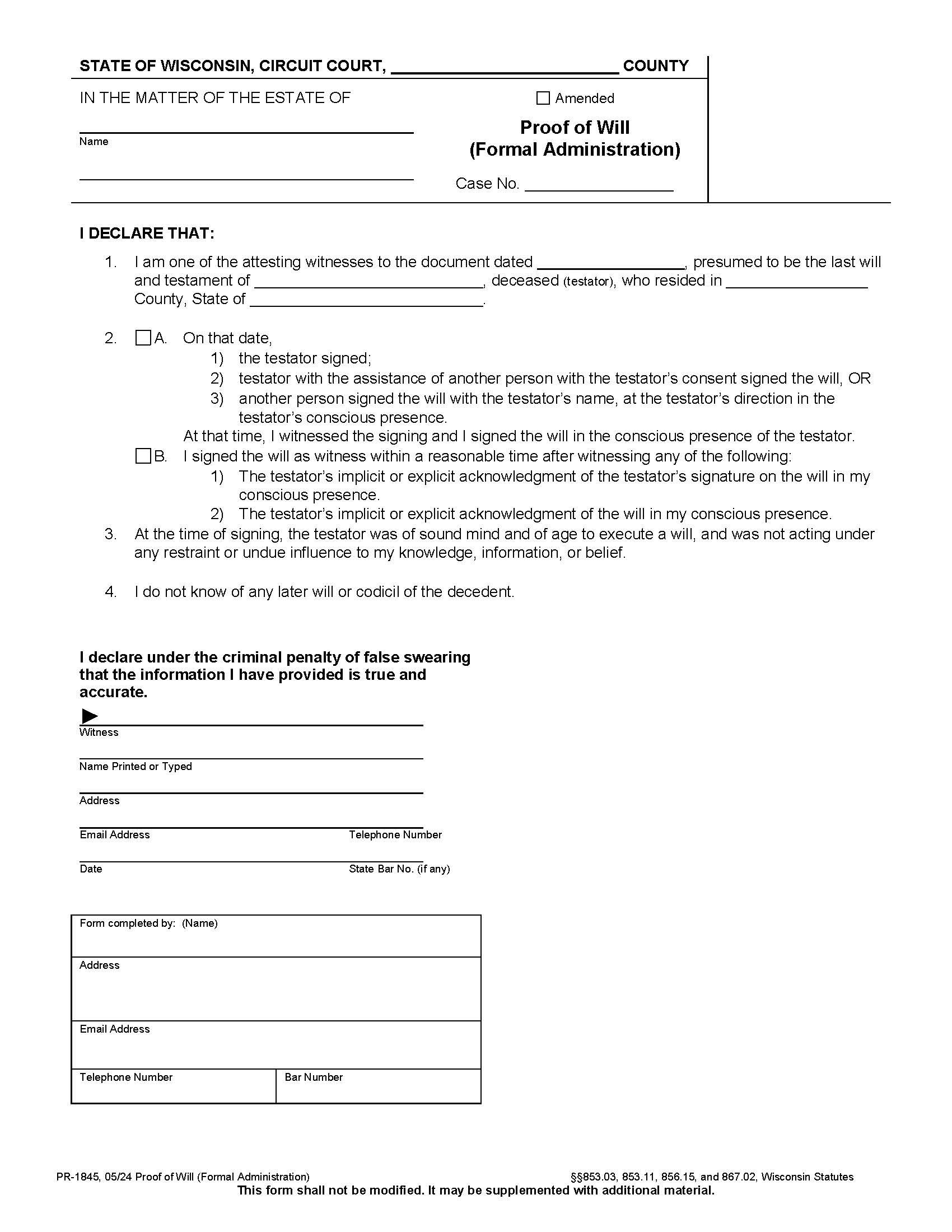 Proof Of Will {PR-1845} | Pdf Fpdf Docx | Wisconsin