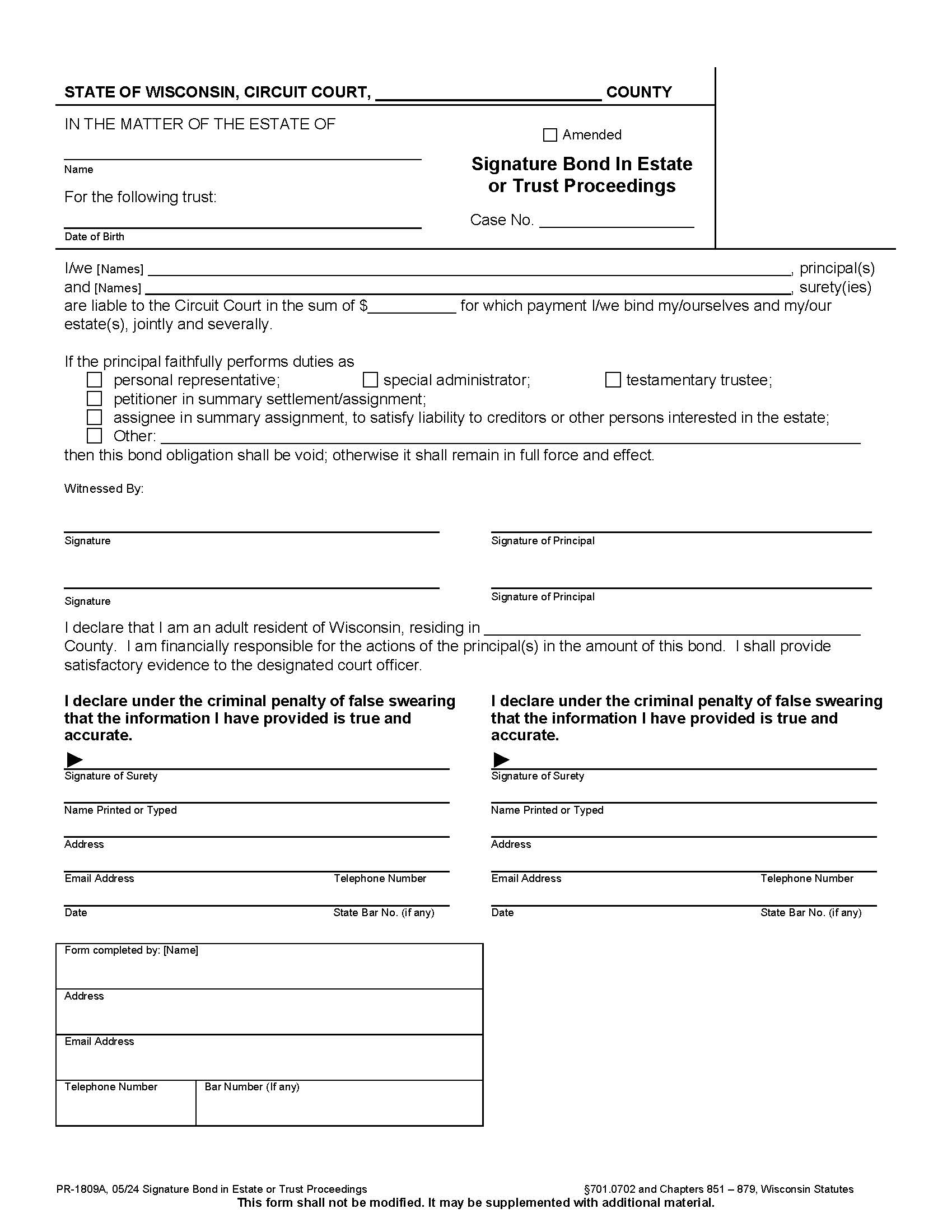 Signature Bond In Estate Or Trust Proceedings {PR-1809A} | Pdf Fpdf Docx | Wisconsin