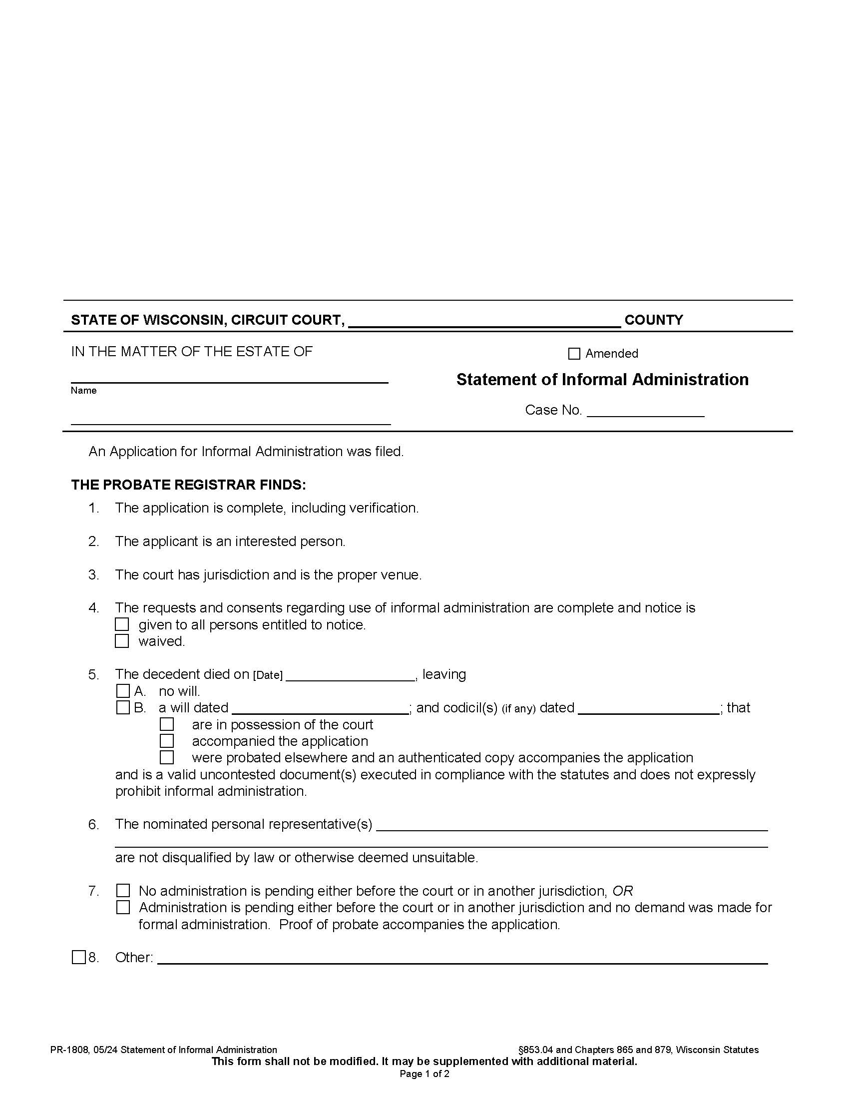 Statement Of Informal Administration {PR-1808} | Pdf Fpdf Docx | Wisconsin