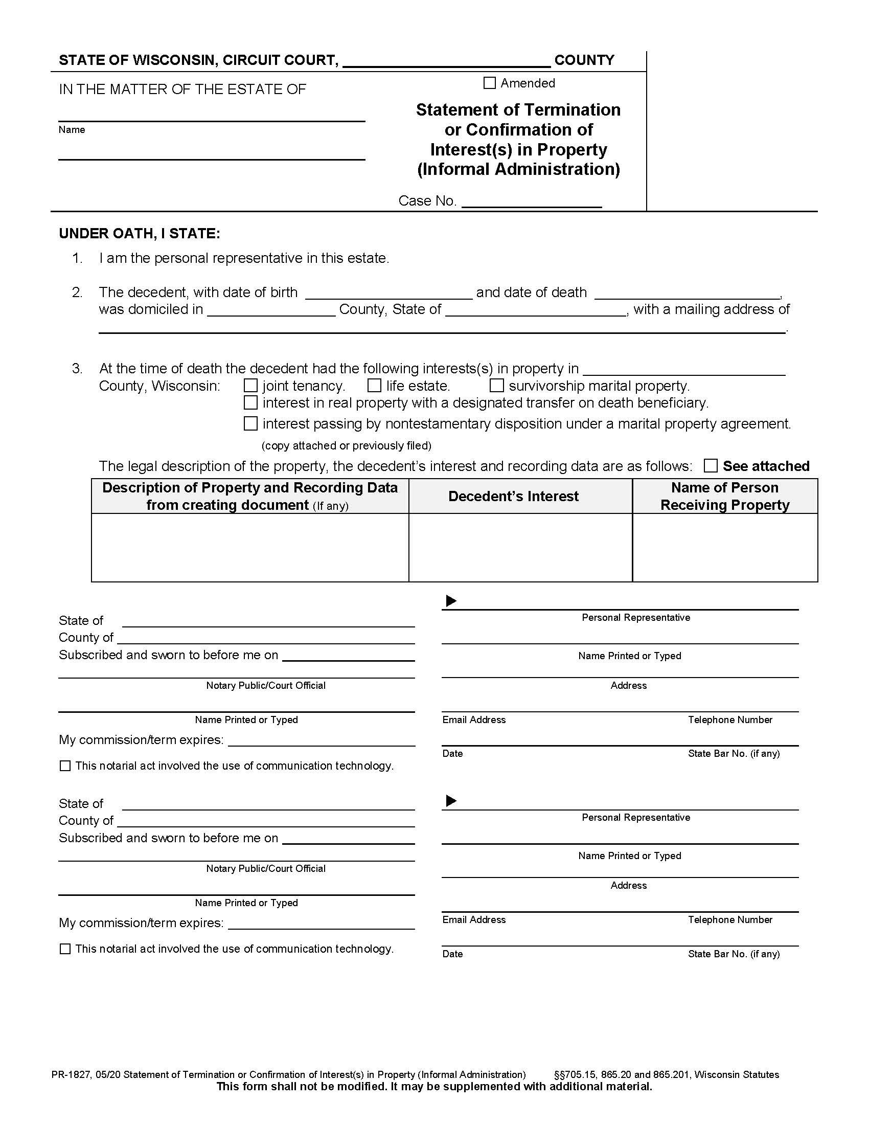 Statement Of Termination Or Confirmation Of Interest(s) In Property (Informal Administration) {PR-1827} | Pdf Fpdf Docx | Wisconsin