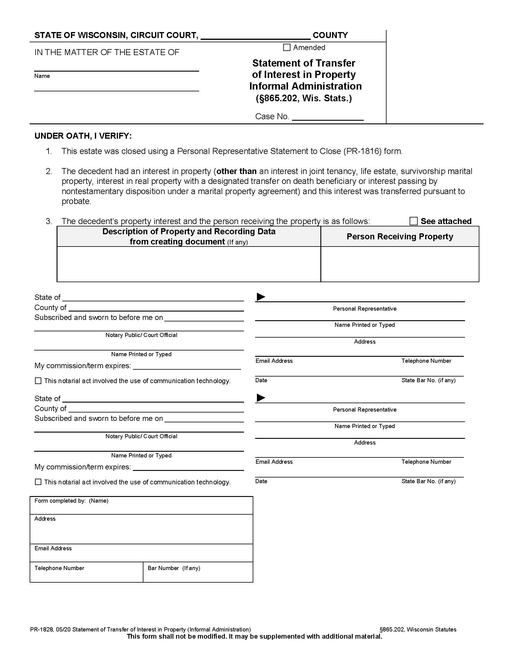 Statement Of Transfer Of Interest In Property (Informal Administration) {PR-1828} | Pdf Fpdf Docx | Wisconsin