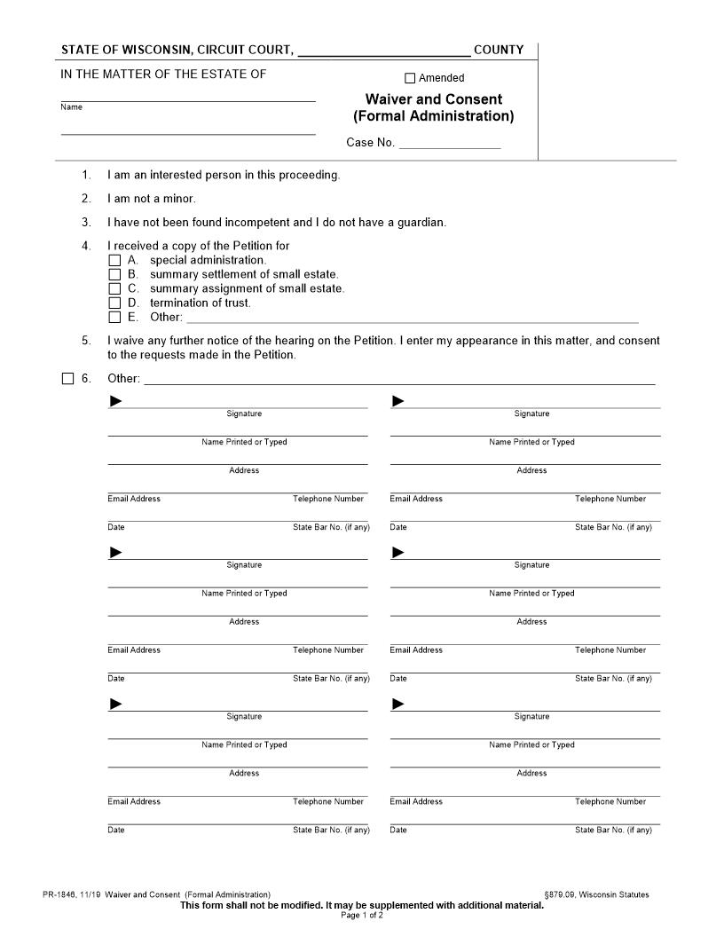 Waiver And Consent {PR-1846} | Pdf Fpdf Docx | Wisconsin