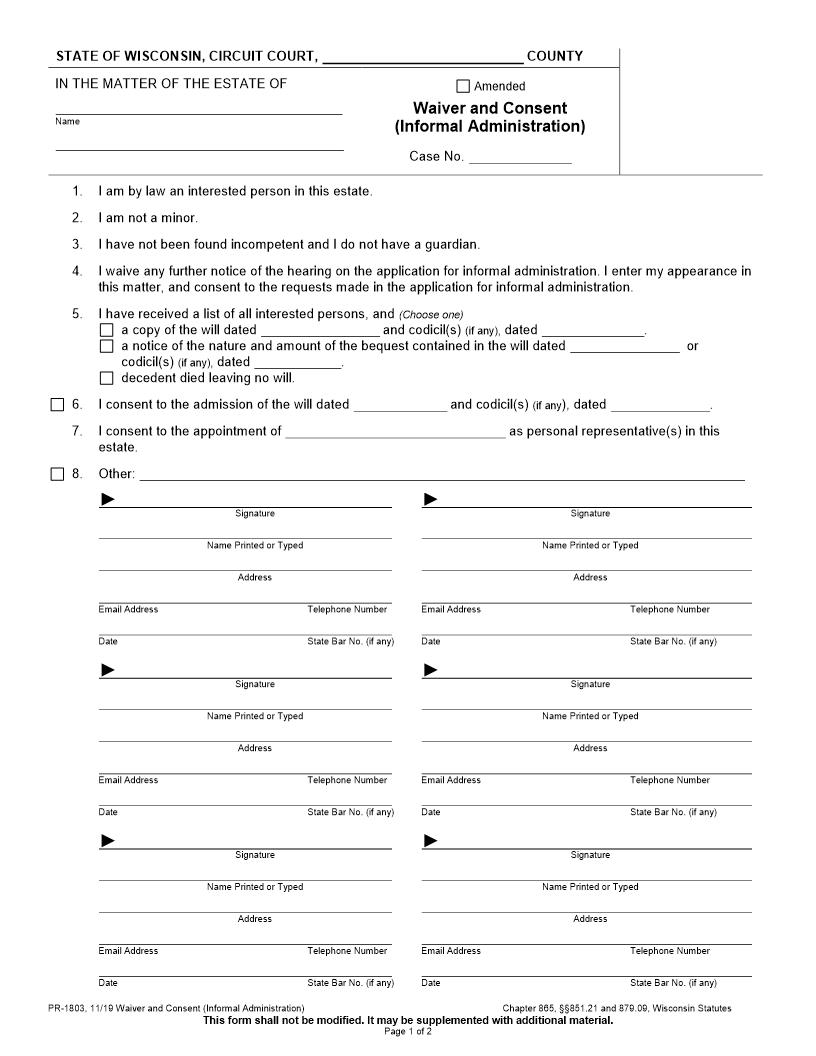 Waiver And Consent (Informal Administration) {PR-1803} | Pdf Fpdf Docx | Wisconsin