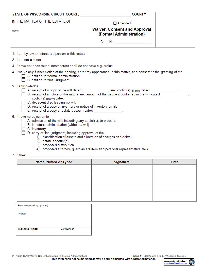 Waiver, Consent And Approval (Formal Administration) {PR-1902} | Pdf Fpdf Docx | Wisconsin
