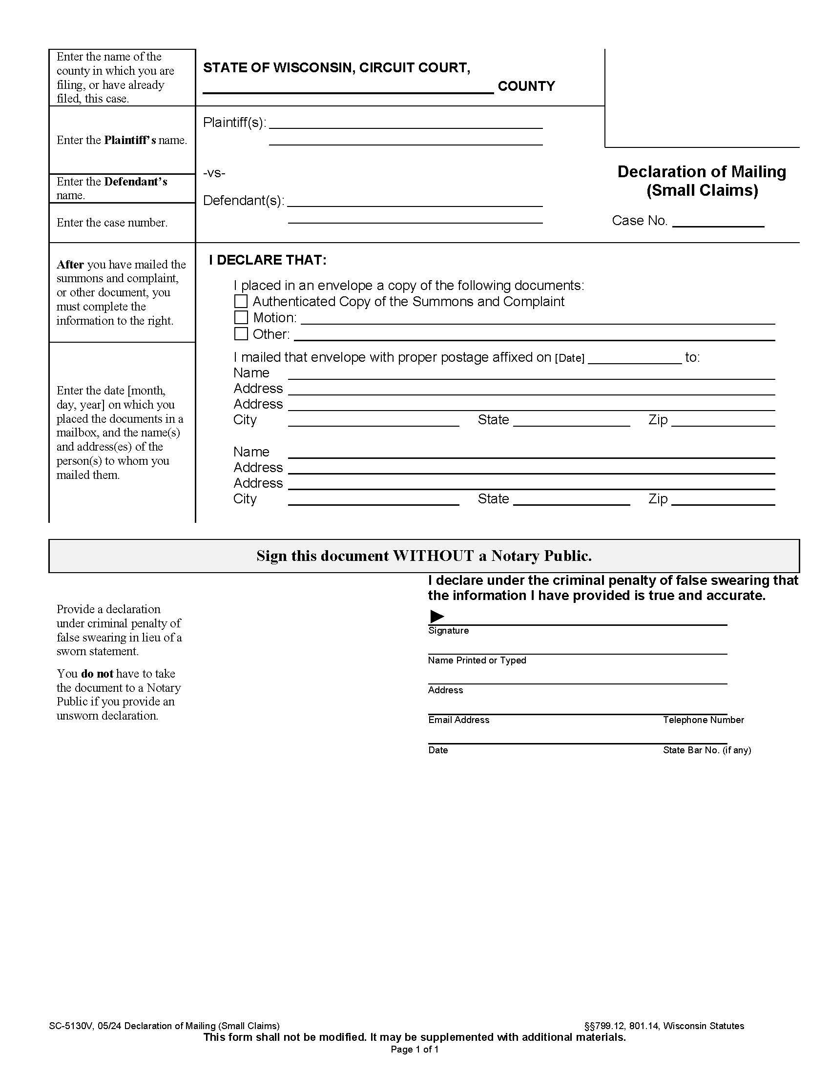 Affidavit Of Mailing {SC-5130V} | Pdf Fpdf Docx | Wisconsin