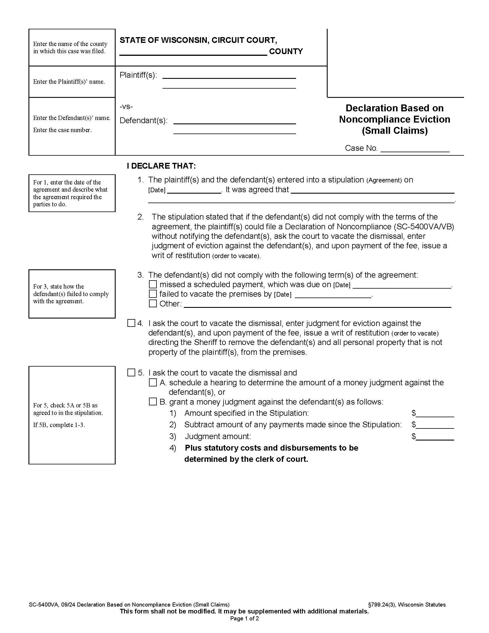 Affidavit Of Noncompliance (Eviction) {SC-5400VA} | Pdf Fpdf Docx | Wisconsin