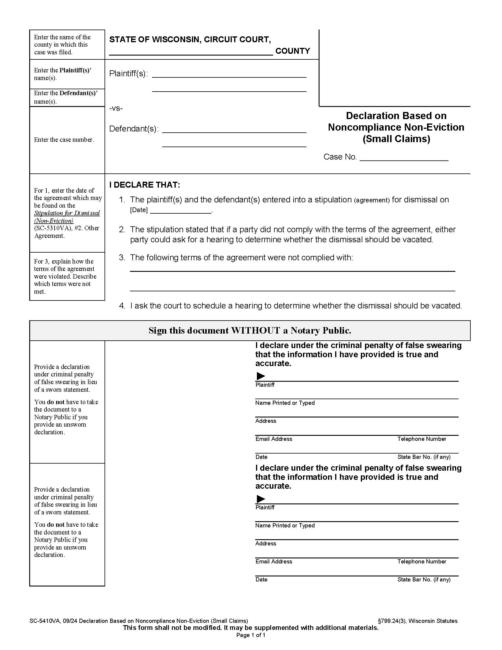 Affidavit Of Noncompliance (Non-Eviction) {SC-5410VA} | Pdf Fpdf Docx | Wisconsin