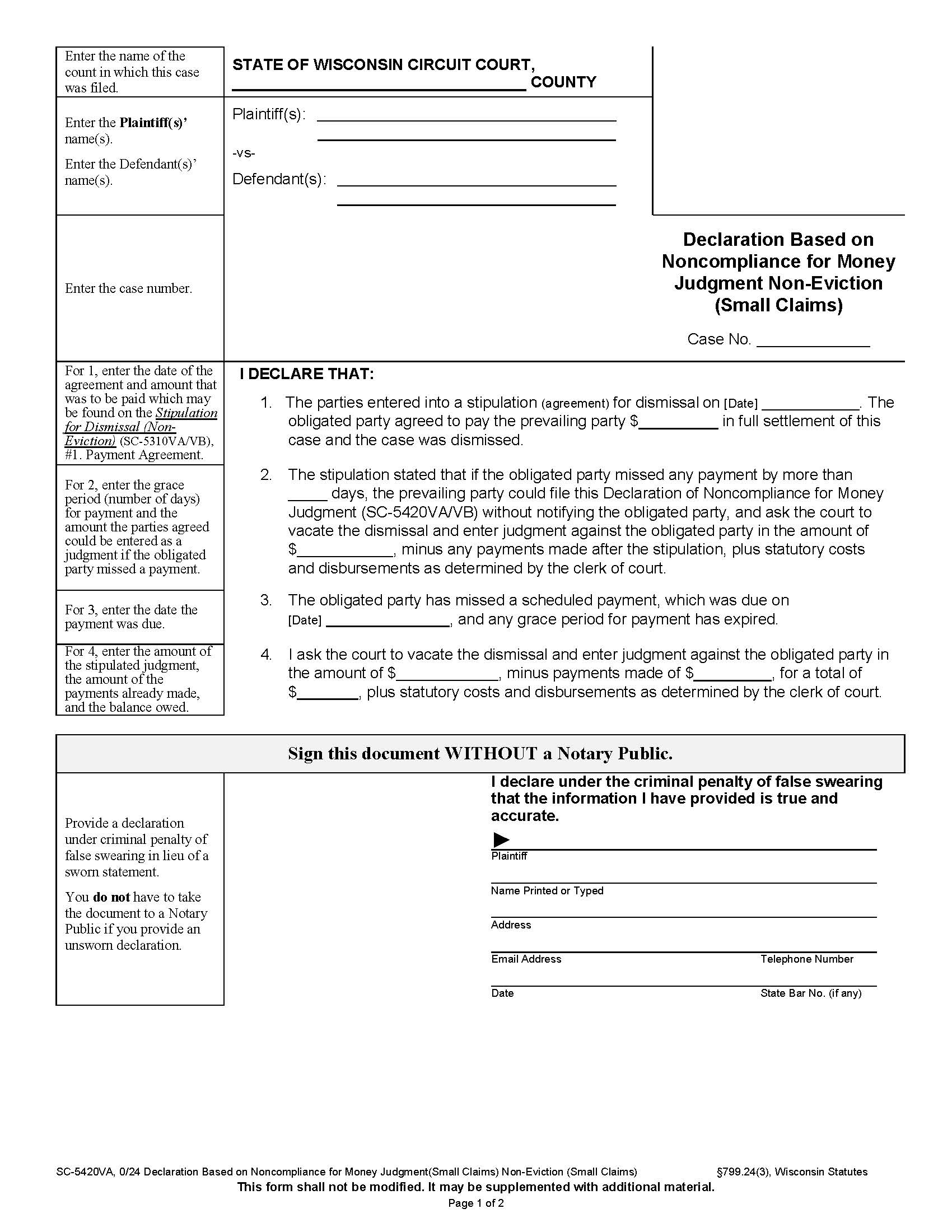 Affidavit Of Noncompliance For Money Judgment (Non-Eviction) {SC-5420VA} | Pdf Fpdf Docx | Wisconsin