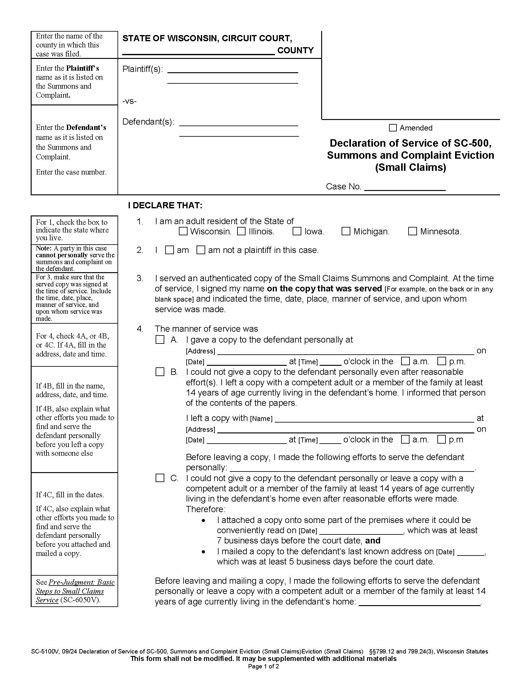 Affidavit Of Service (Eviction) {SC-5100V} | Pdf Fpdf Docx | Wisconsin