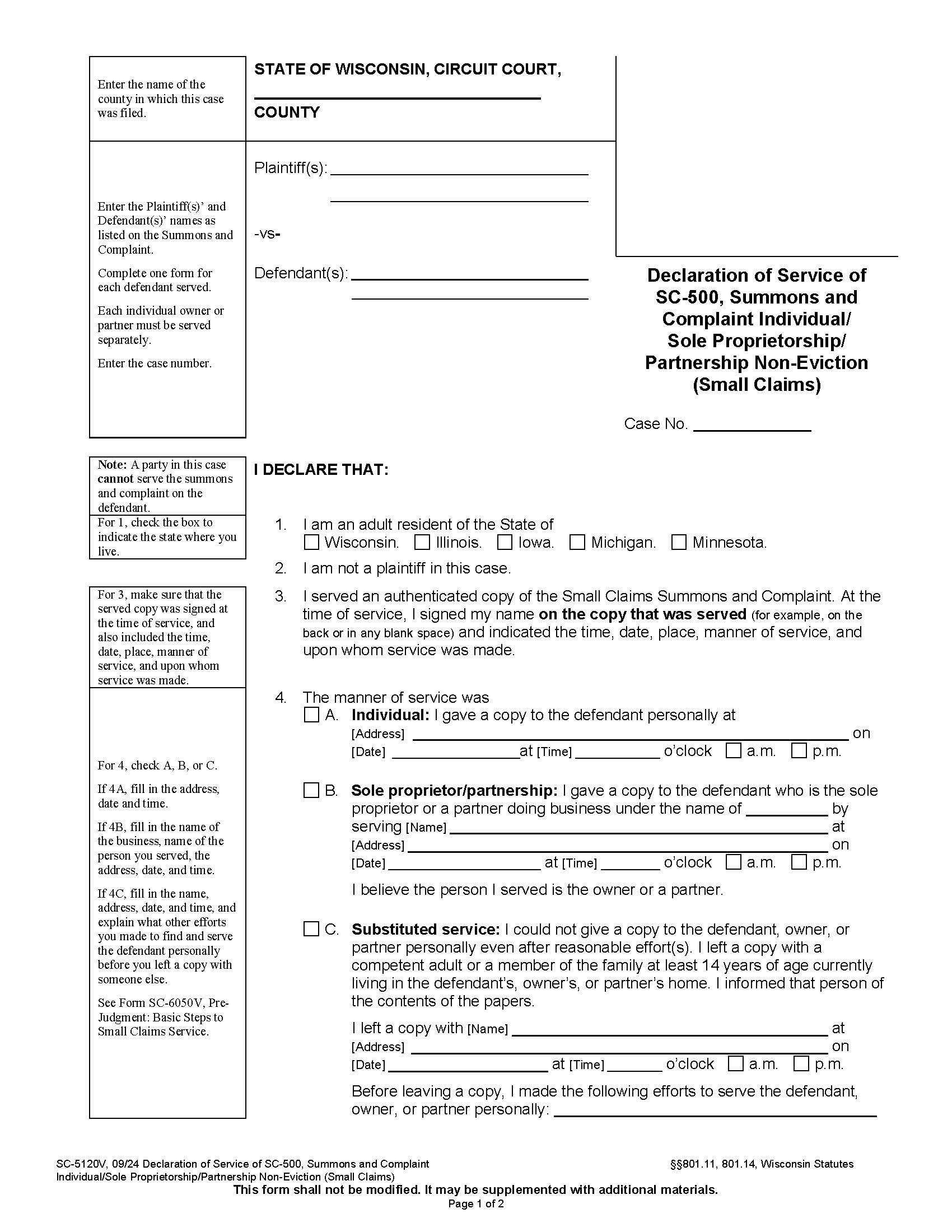 Affidavit Of Service (Non-Eviction Individual-Sole Proprietorship-Partnership) {SC-5120V} | Pdf Fpdf Docx | Wisconsin