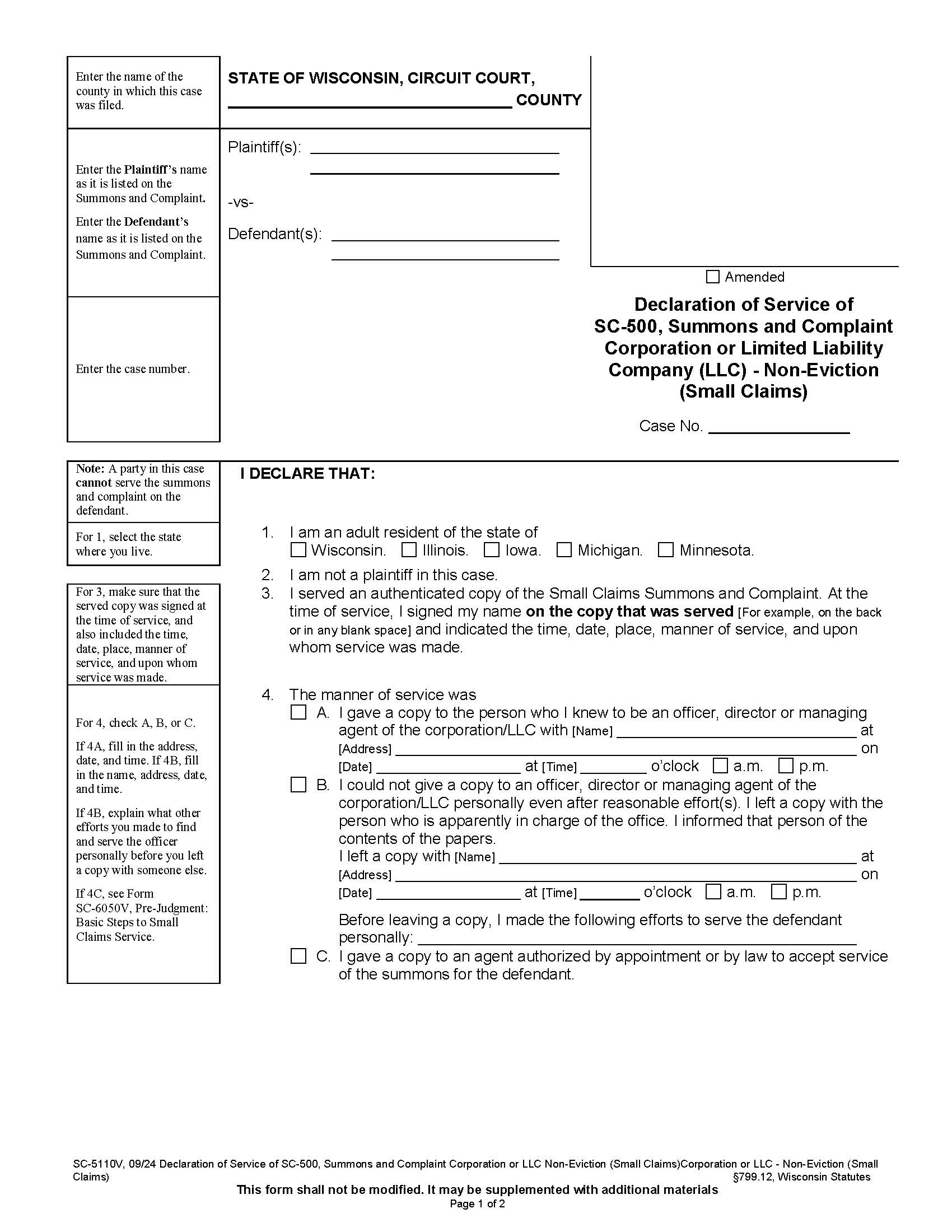 Affidavit Of Service Of SC Summons-Complaint Corp Or LLC {SC-5110V} | Pdf Fpdf Docx | Wisconsin