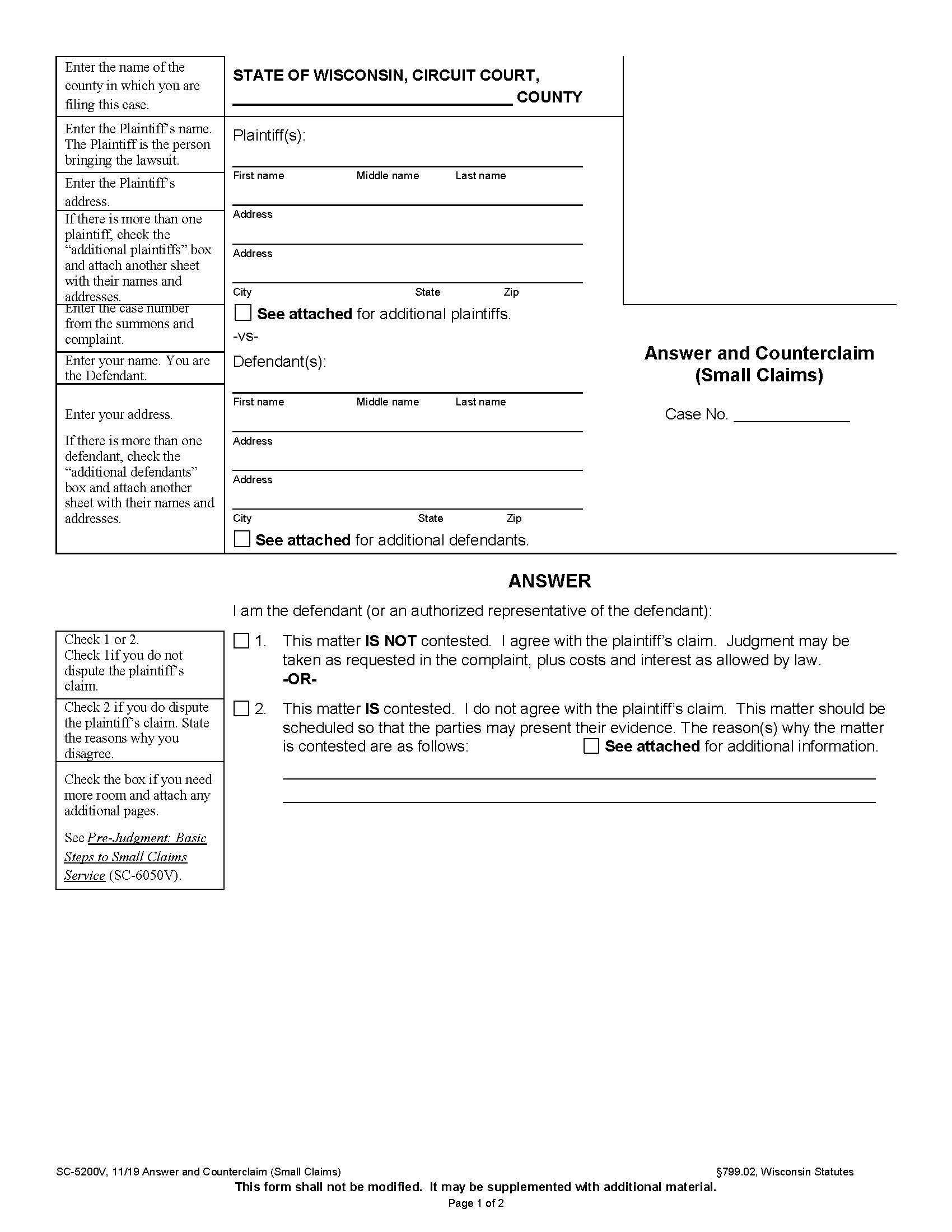 Answer And Counterclaim {SC-5200V} | Pdf Fpdf Docx | Wisconsin