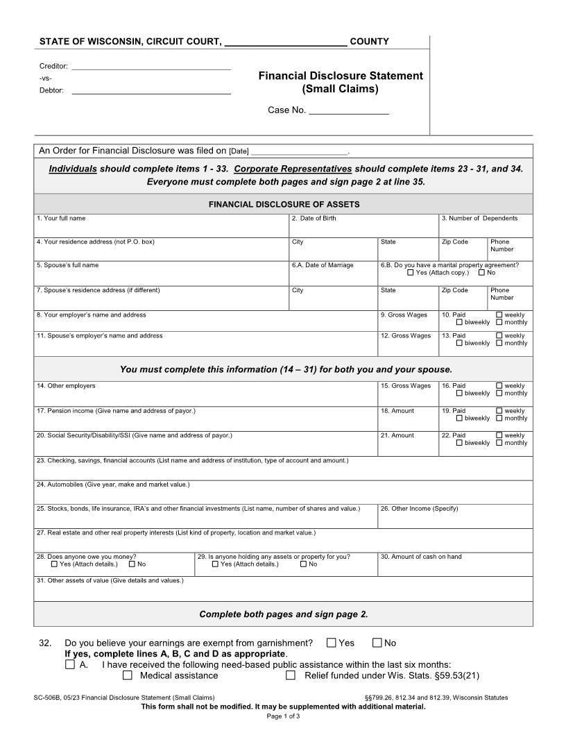 Financial Disclosure Statement {SC-506B} | Pdf Fpdf Docx | Wisconsin