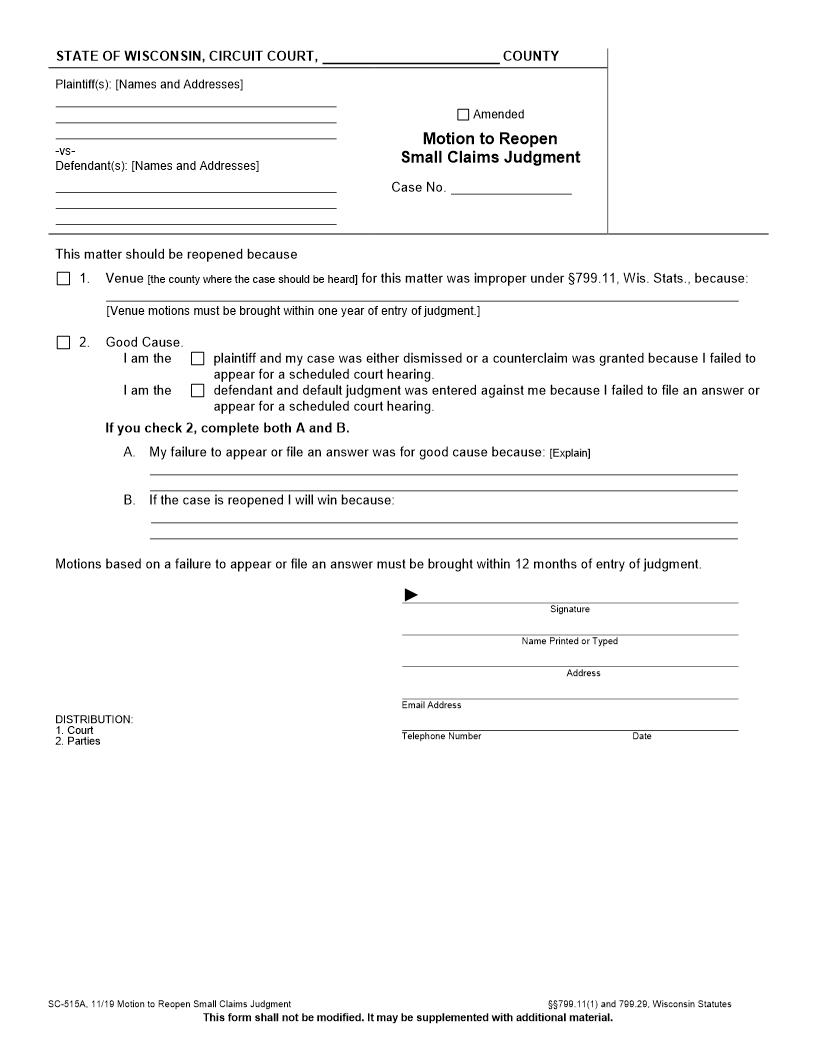 Motion To Reopen Small Claims Judgment {SC-515A} | Pdf Fpdf Docx | Wisconsin
