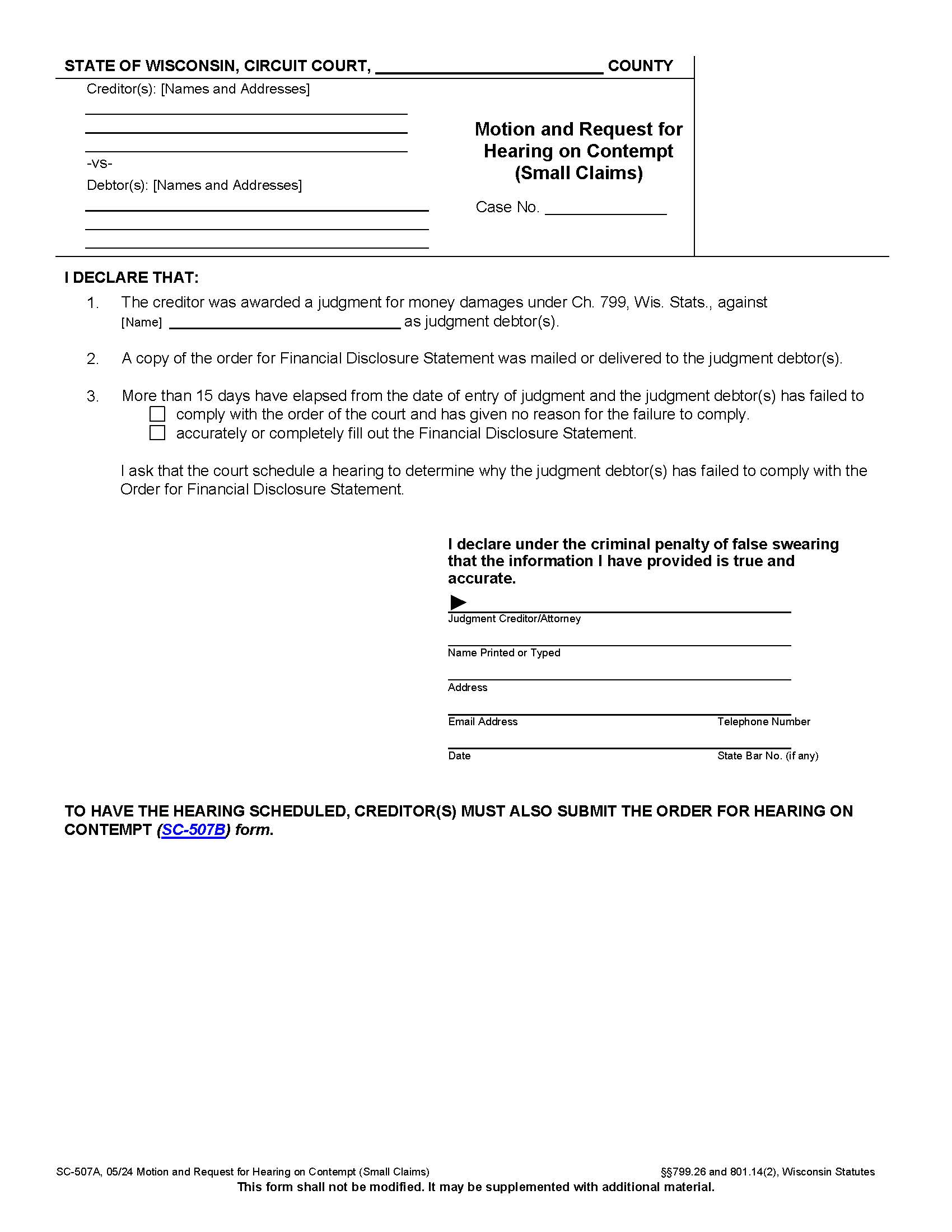 Motion for Contempt {SC-507A} | Pdf Fpdf Docx | Wisconsin