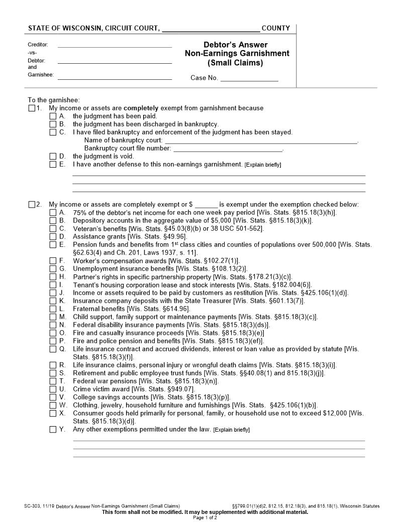 Non-Earnings Garnishment Debtors Answer {SC-303} | Pdf Fpdf Docx | Wisconsin