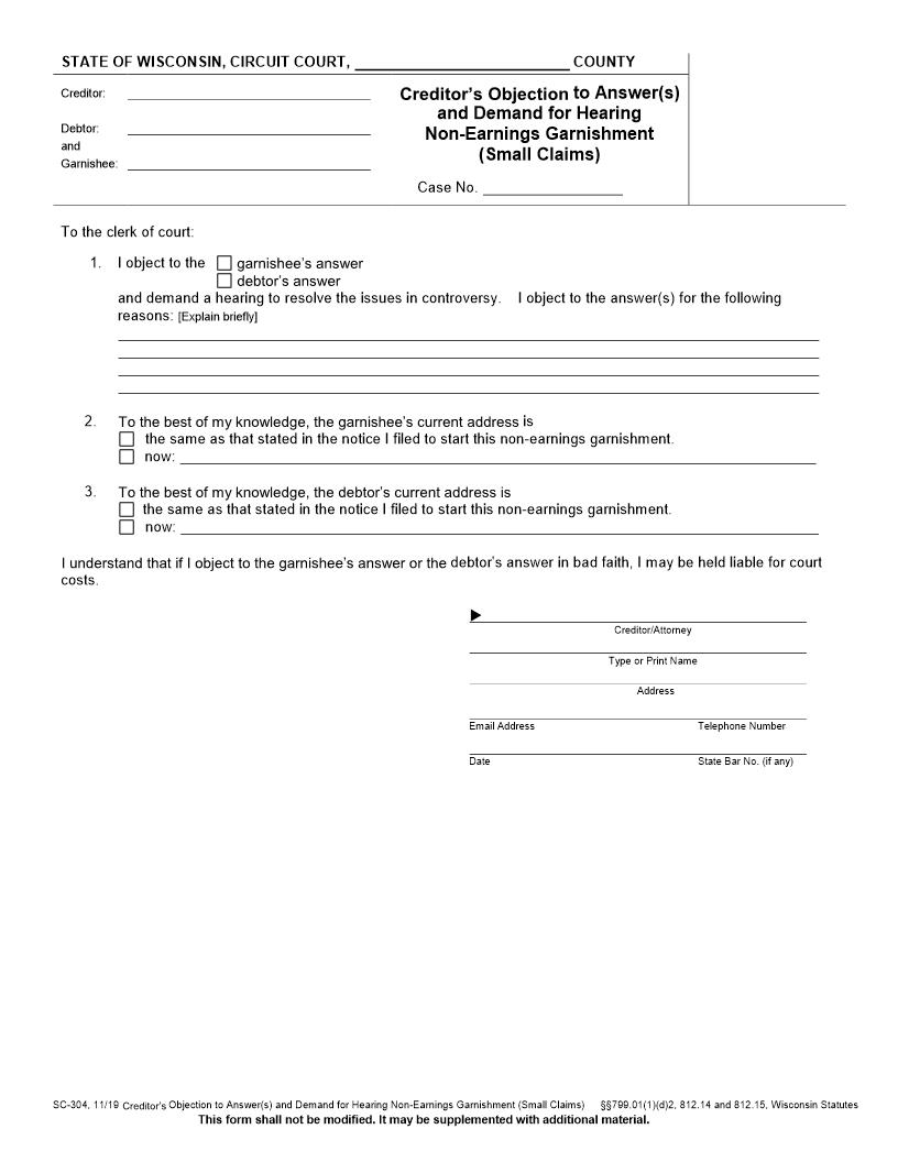Non-Earnings Garnishment Objection And Answer-Demand For Hearing {SC-304} | Pdf Fpdf Docx | Wisconsin