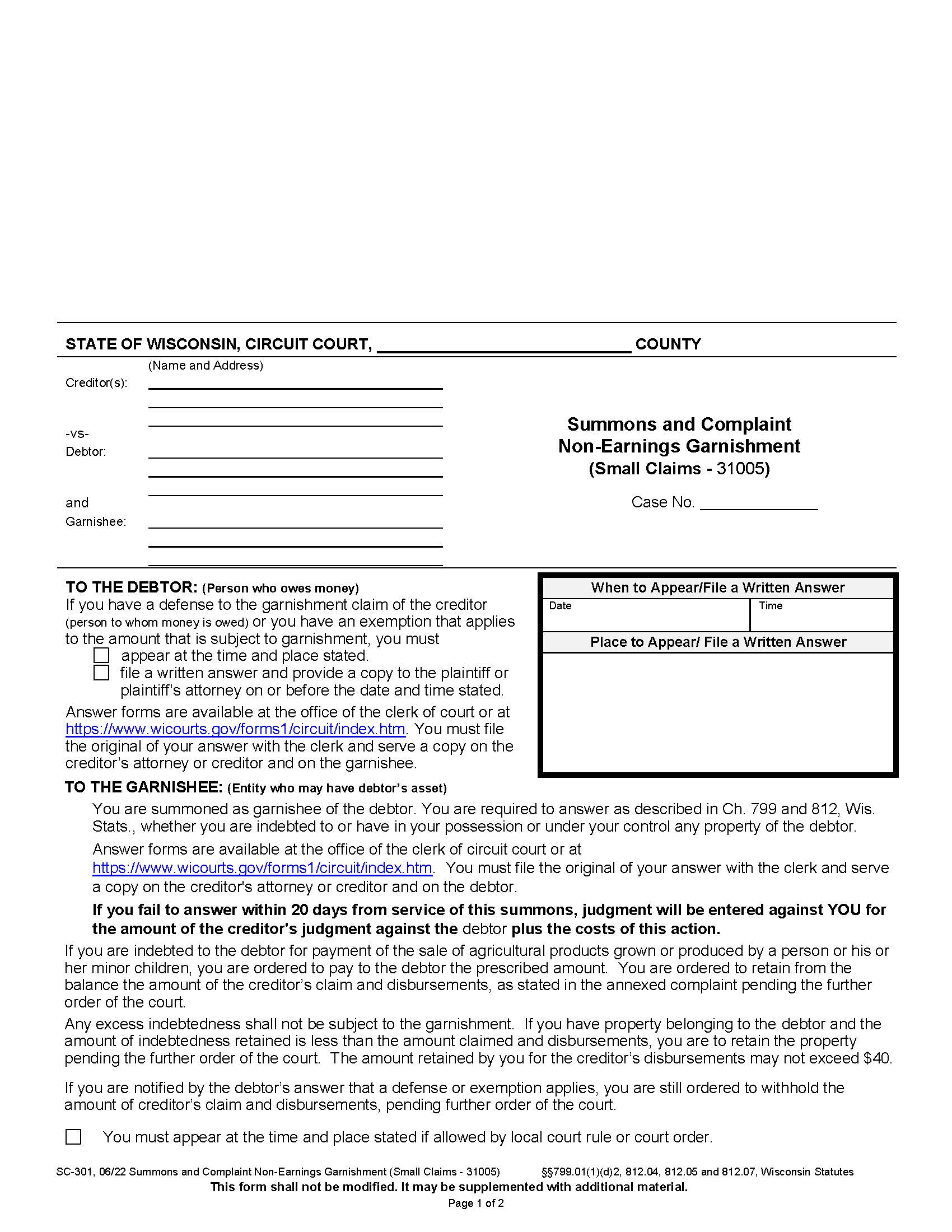 Non-Earnings Garnishment Summons And Complaint {SC-301} | Pdf Fpdf Docx | Wisconsin