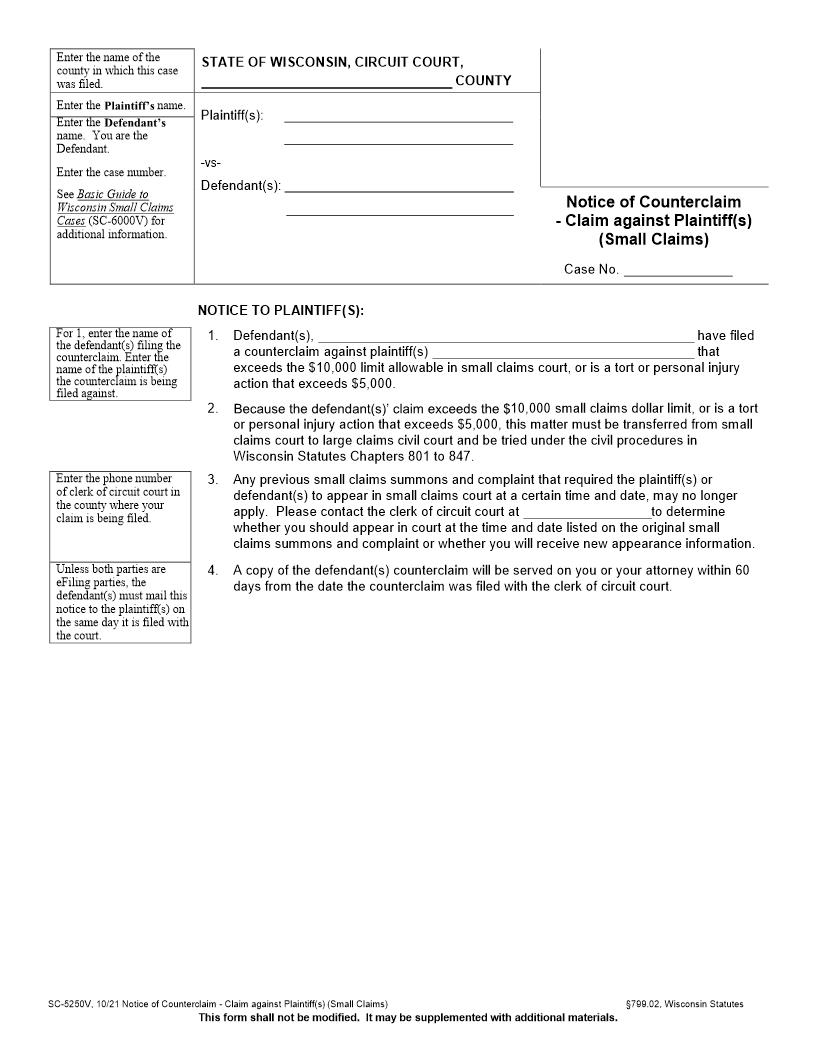 Notice Of Counterclaim {SC-5250} | Pdf Fpdf Docx | Wisconsin