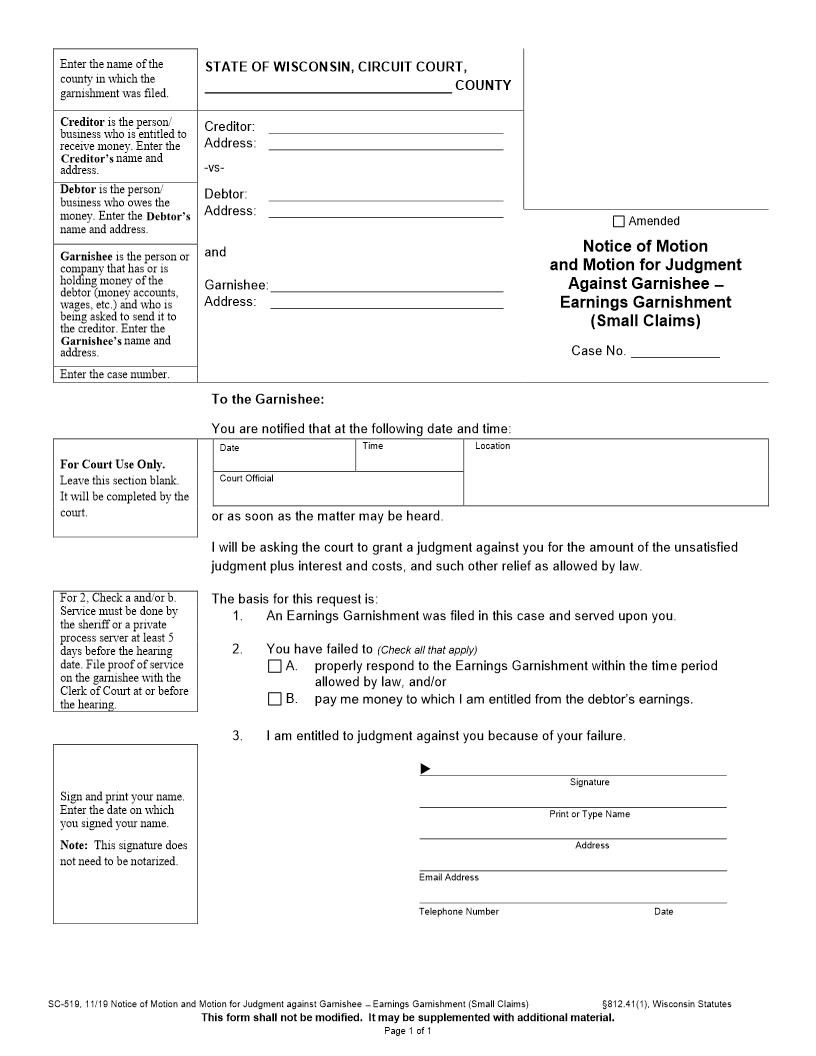 Notice Of Motion And Motion For Judgment Against Garnishee {SC-519} | Pdf Fpdf Docx | Wisconsin