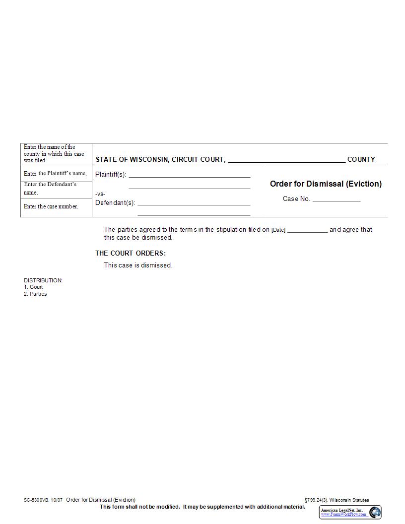 Order For Dismissal (Eviction) {SC-5300VB} | Pdf Fpdf Docx | Wisconsin