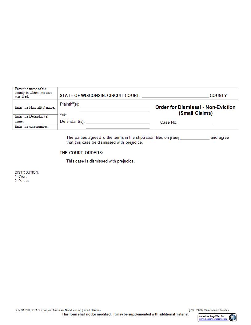 Order For Dismissal (Non-Eviction) {SC-5310VB} | Pdf Fpdf Docx | Wisconsin