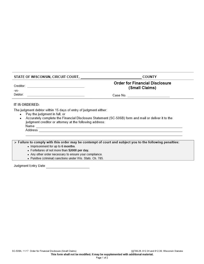Order For Financial Disclosure {SC-506A} | Pdf Fpdf Docx | Wisconsin