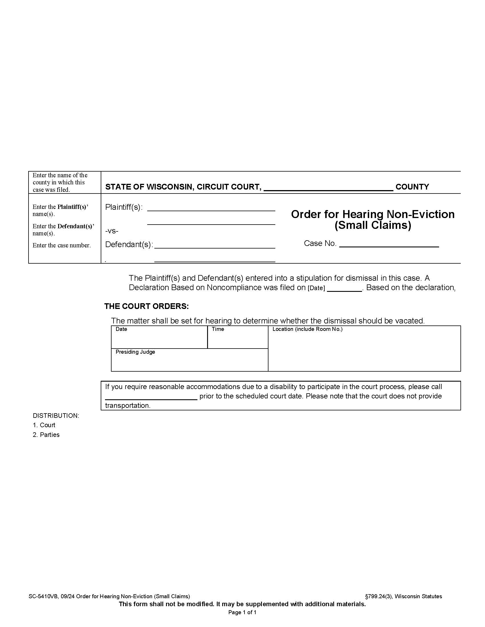 Order For Hearing (Non-Eviction) {SC-5410VB} | Pdf Fpdf Docx | Wisconsin