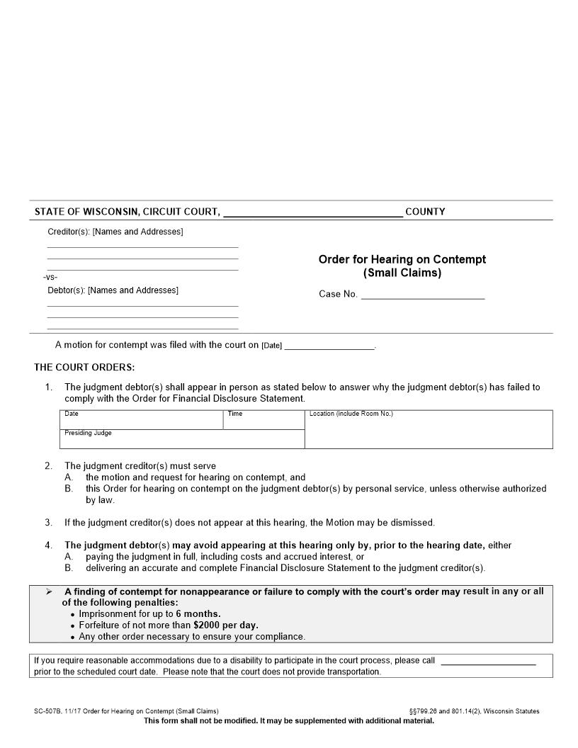 Order For Hearing On Contempt {SC-507B} | Pdf Fpdf Docx | Wisconsin