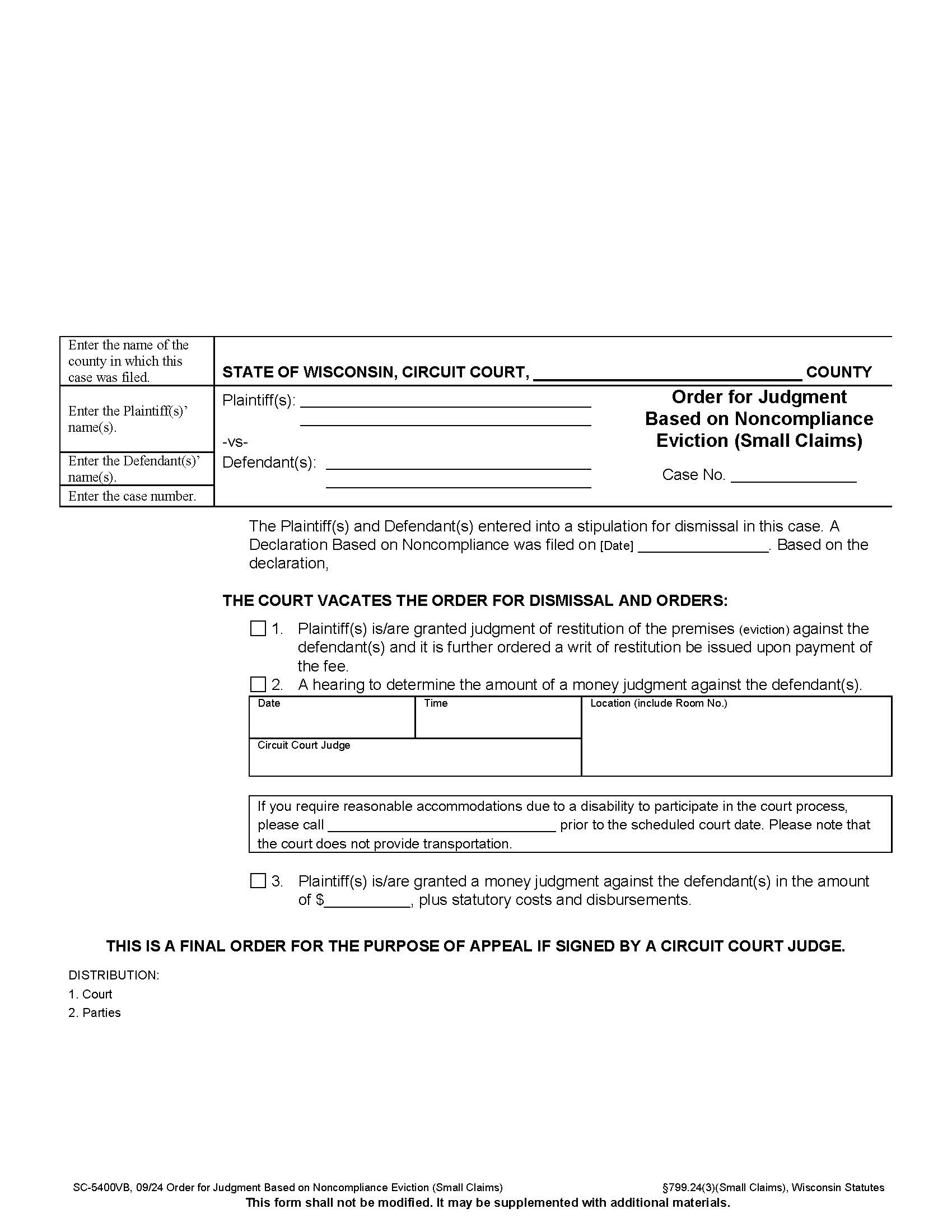 Order For Judgment Of Noncompliance (Eviction) {SC-5400VB} | Pdf Fpdf Docx | Wisconsin