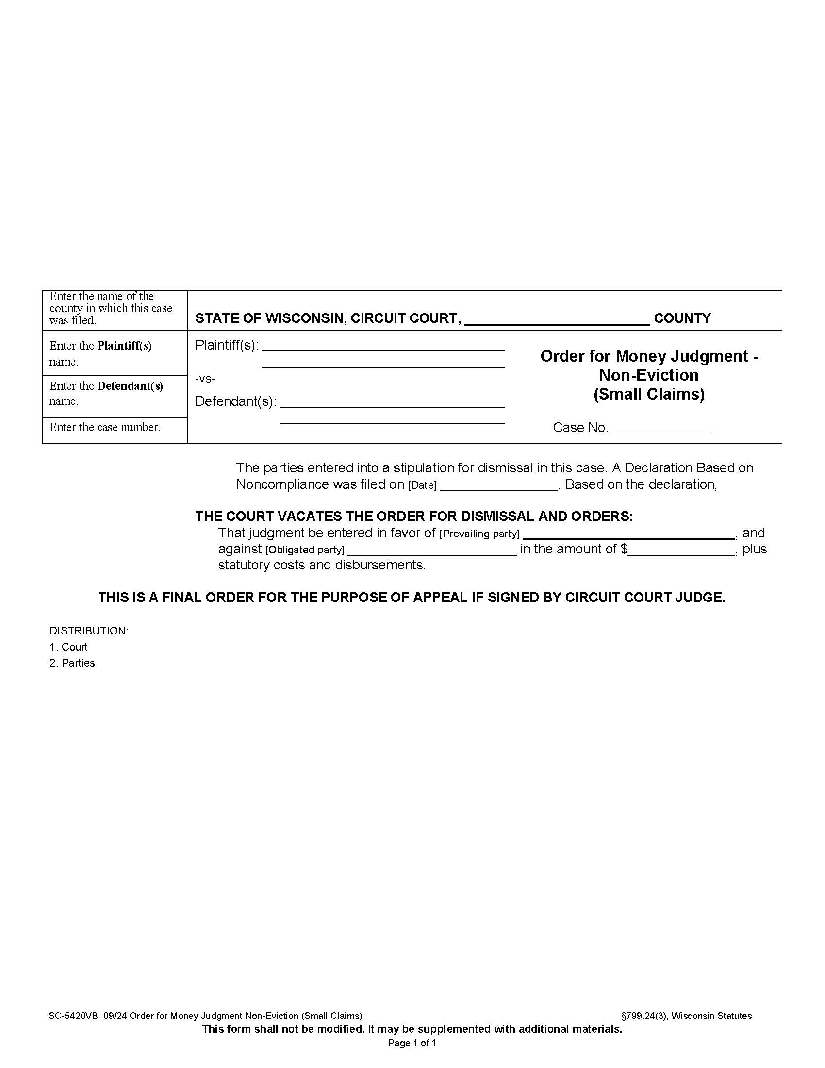 Order For Money Judgment {SC-5420VB} | Pdf Fpdf Docx | Wisconsin
