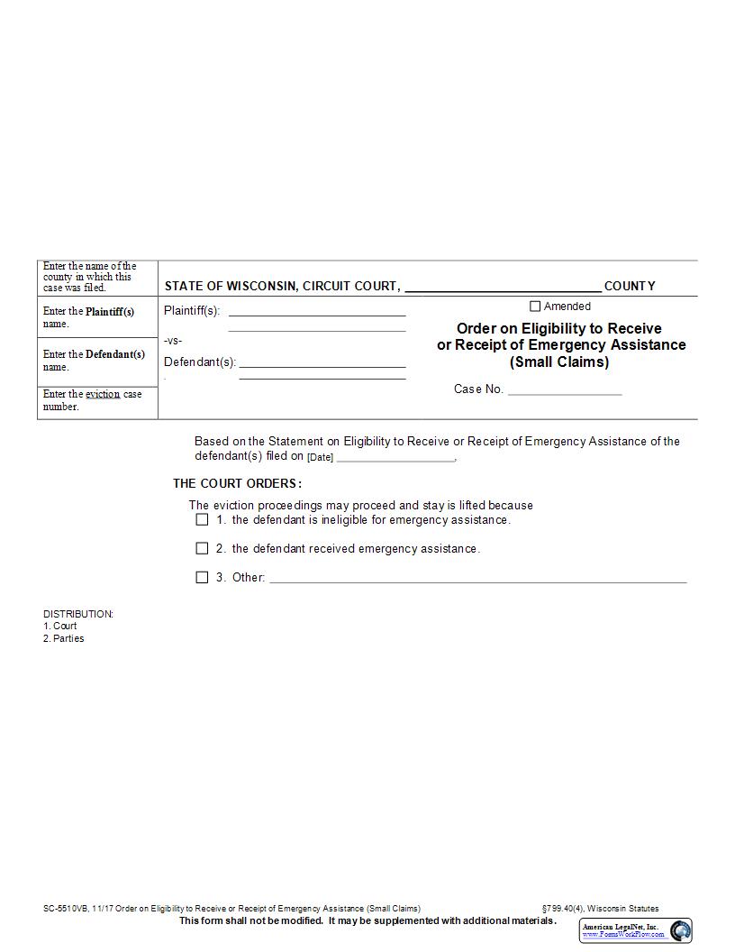 Order On Eligibility For Emergency Assistance {SC-5510VB} | Pdf Fpdf Docx | Wisconsin