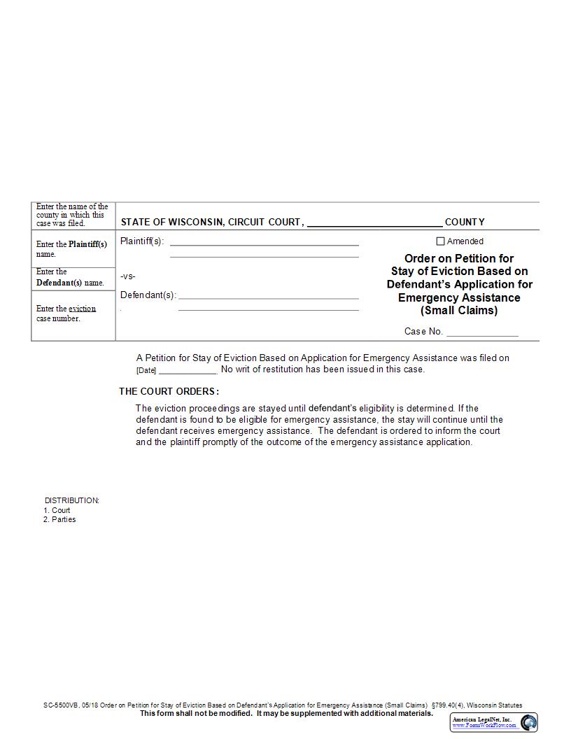 Order On Eligibility To Receive Or Receipt Of Emergency Assistance {SC-5500VB} | Pdf Fpdf Docx | Wisconsin