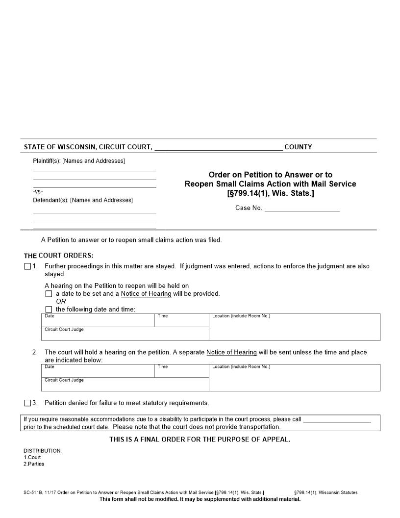 Order To Answer Or To Reopen Small Claims Judgment Order {SC-511B} | Pdf Fpdf Docx | Wisconsin