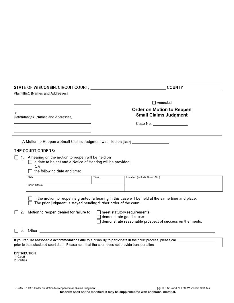 Order To Reopen Small Claims Judgment {SC-515B} | Pdf Fpdf Docx | Wisconsin