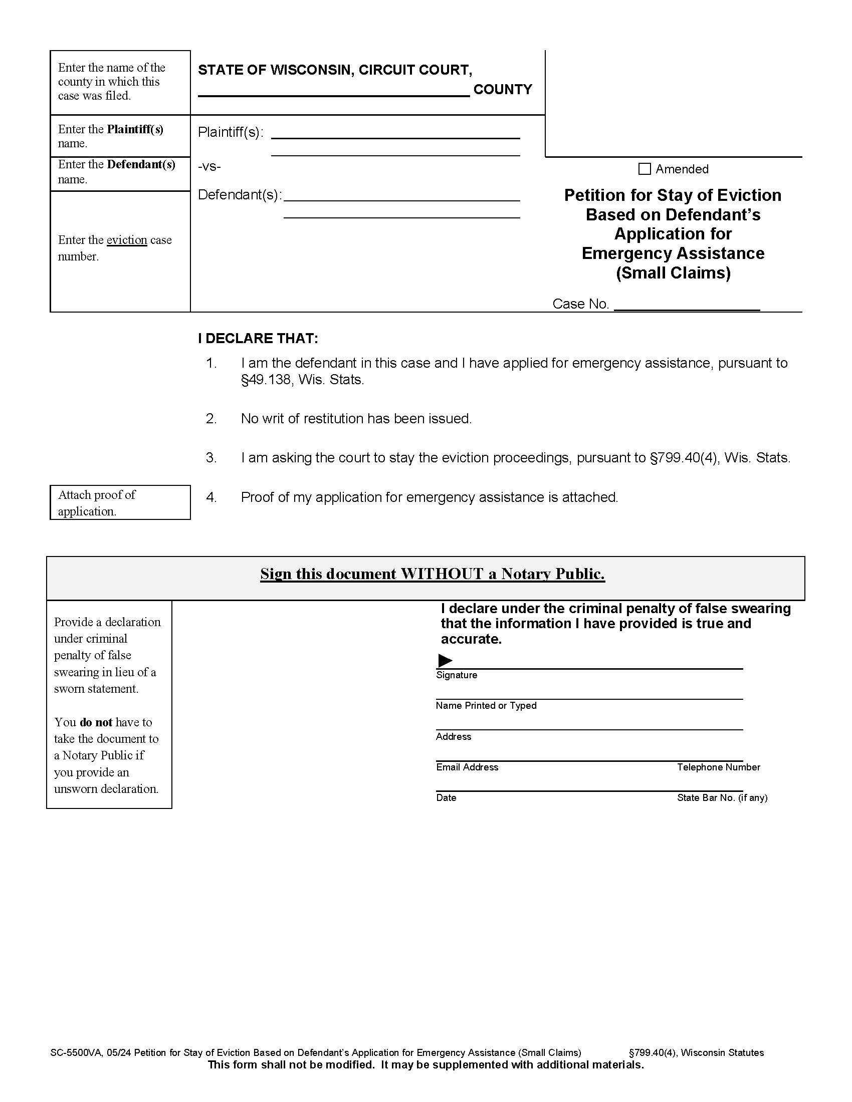 Petition For Stay Of Eviction Based On Application For Emergency Assistance {SC-5500VA} | Pdf Fpdf Docx | Wisconsin