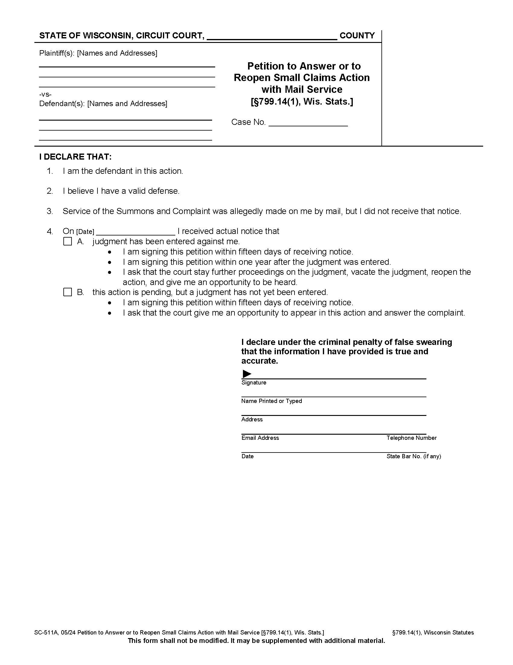 Petition To Answer Or Reopen Small Claims Judgment {SC-511A} | Pdf Fpdf Docx | Wisconsin