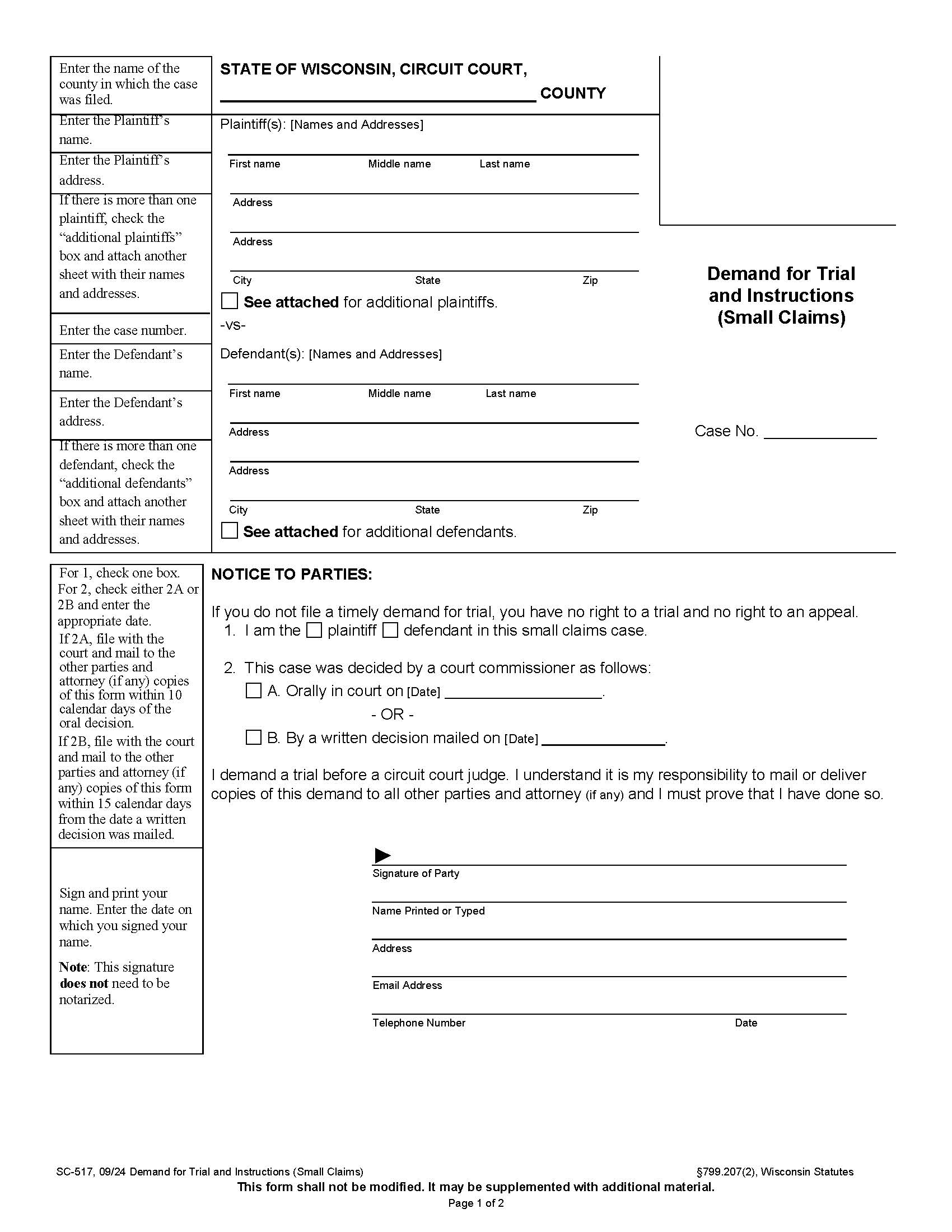 Small Claims Demand For Trial {SC-517} | Pdf Fpdf Docx | Wisconsin