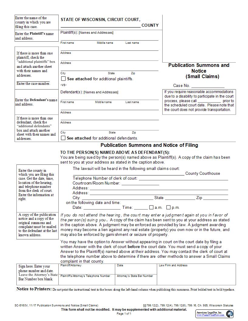 Small Claims Publication Summons And Notice {SC-5160} | Pdf Fpdf Docx | Wisconsin