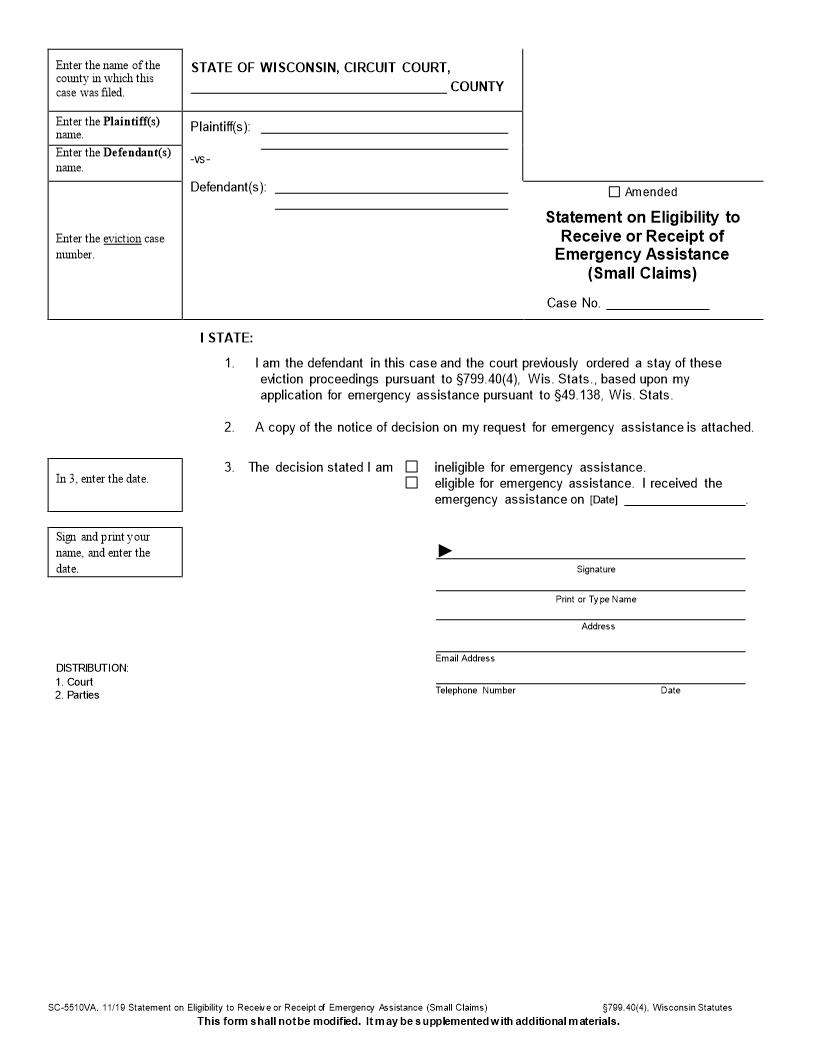 Statement On Eligibility For Emergency Assistance {SC-5510VA} | Pdf Fpdf Docx | Wisconsin