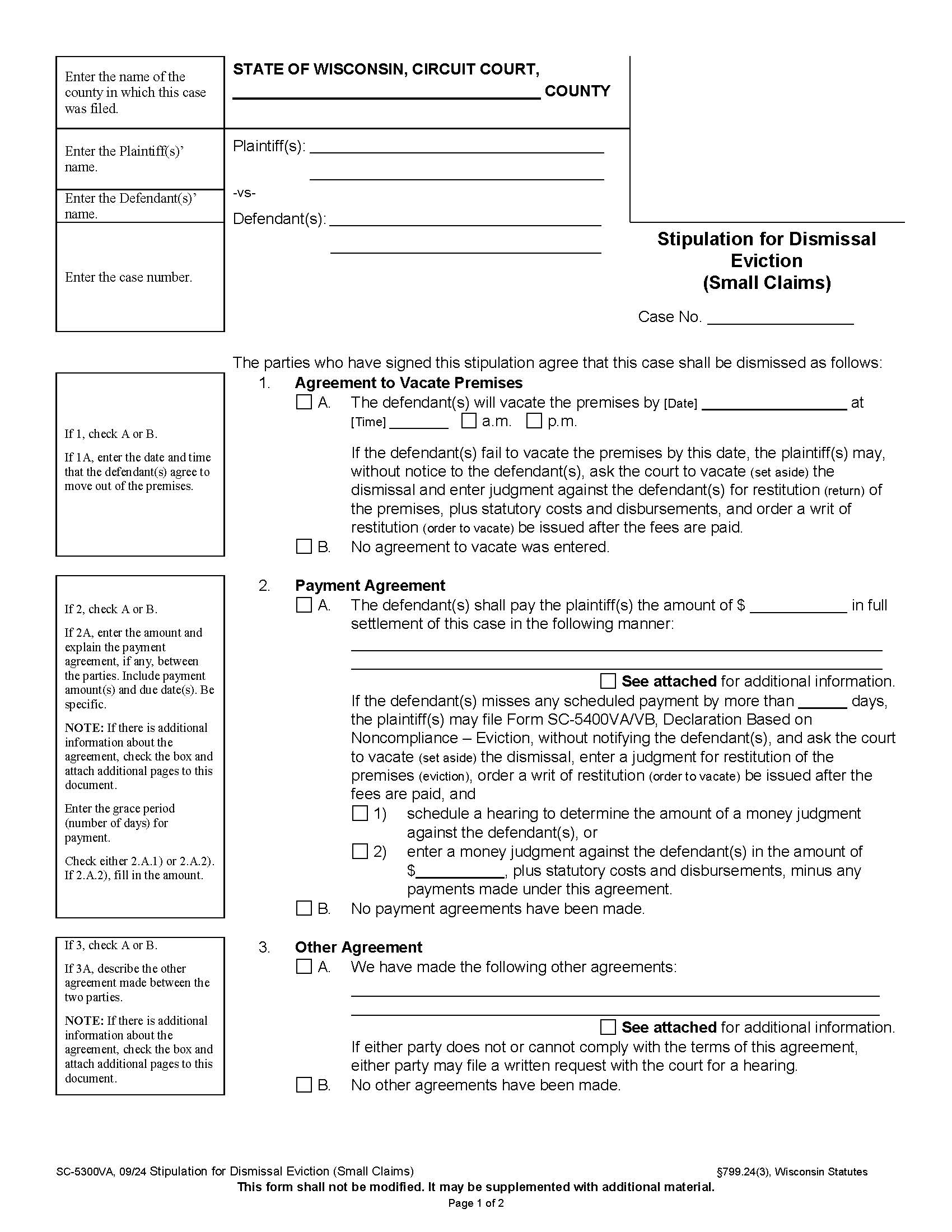 Stipulation For Dismissal (Eviction) {SC-5300VA} | Pdf Fpdf Docx | Wisconsin