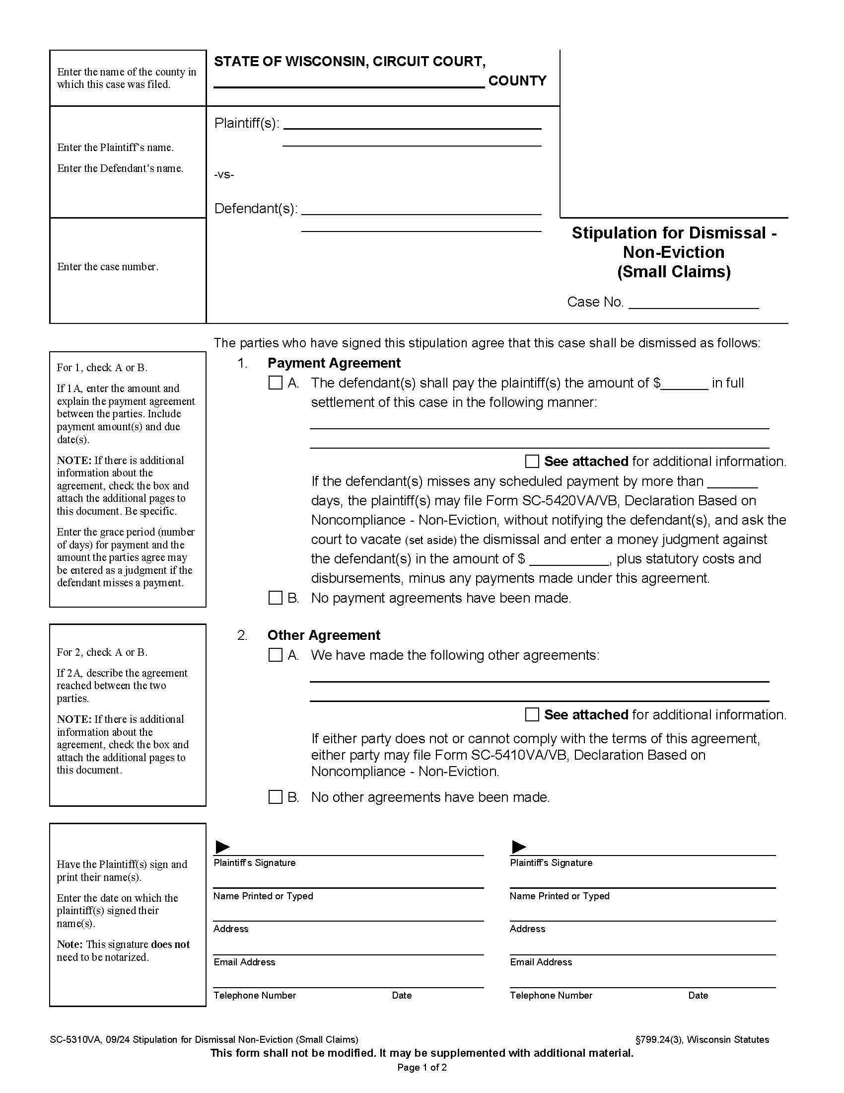 Stipulation For Dismissal (Non-Eviction) {SC-5310VA} | Pdf Fpdf Docx | Wisconsin