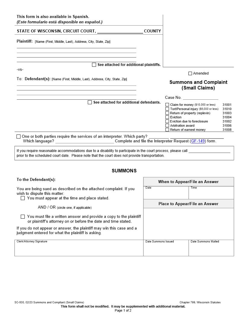 Summons And Complaint Small Claims {SC-500} | Pdf Fpdf Docx | Wisconsin
