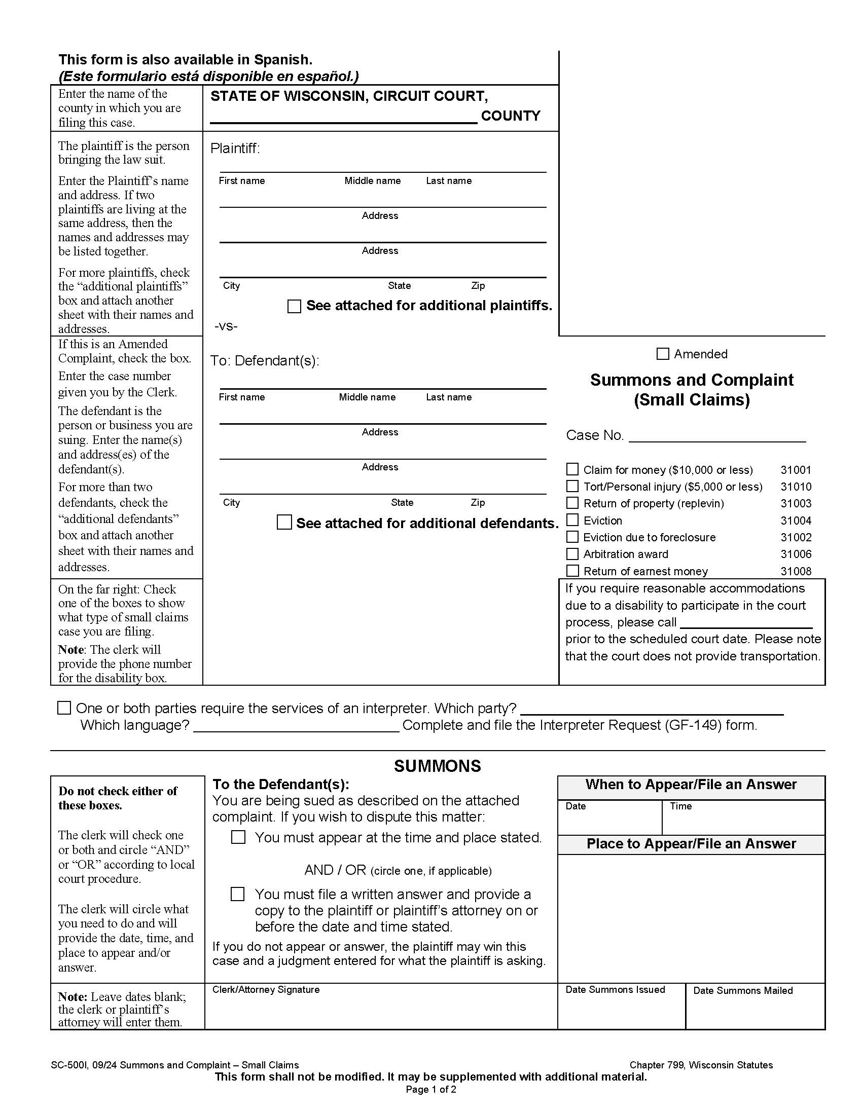 Summons And Complaint Small Claims {SC-500i} | Pdf Fpdf Docx | Wisconsin