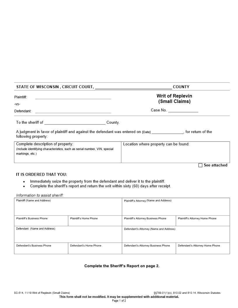 Writ Of Replevin {SC-514} | Pdf Fpdf Docx | Wisconsin