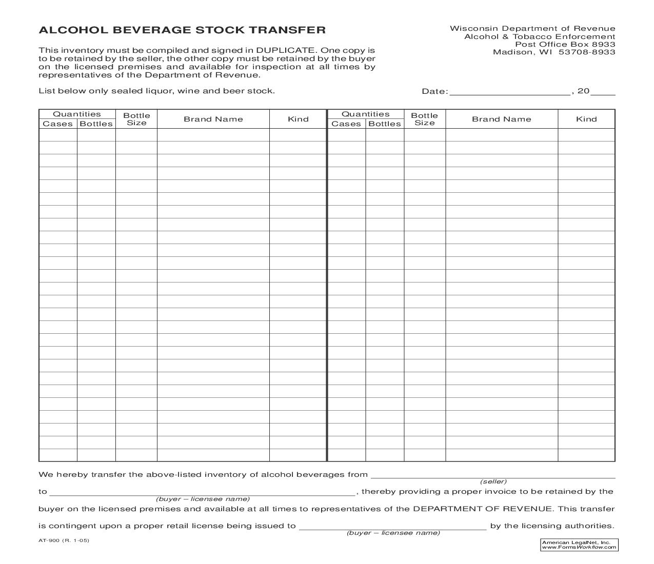 Alcohol Beverages Stock Transfer {AT-900} | Pdf Fpdf Doc Docx | Wisconsin